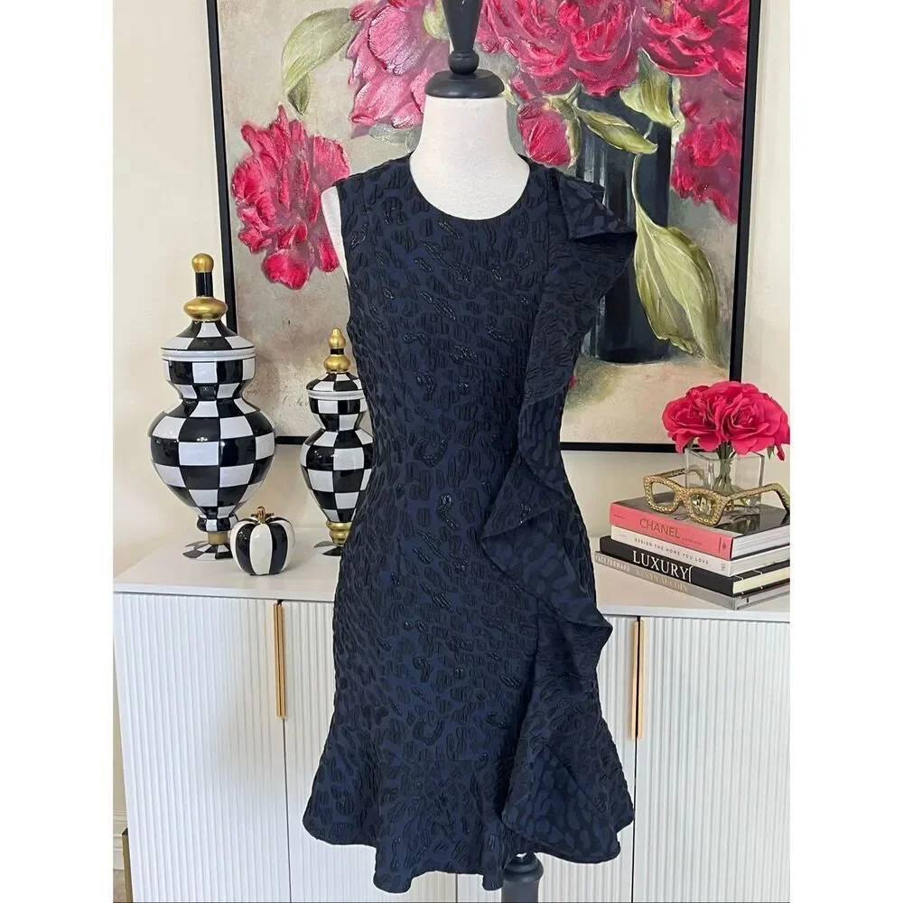 BCBGMaxazria Women's Dede Ruffled Jacquard Sleeveless Sheath Dress Navy Size 6